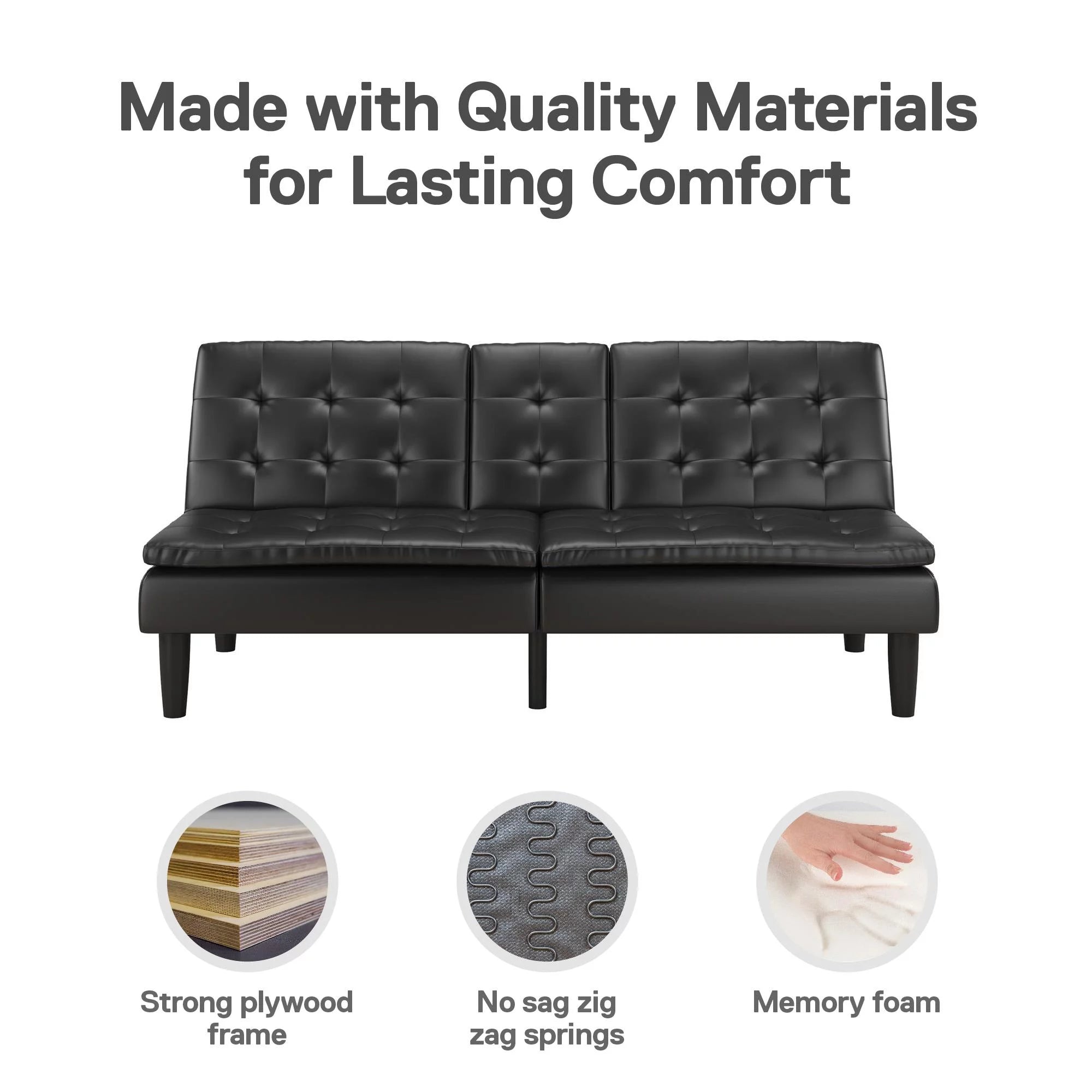 Black Faux Leather Memory Foam Futon with Cupholder and USB O2438