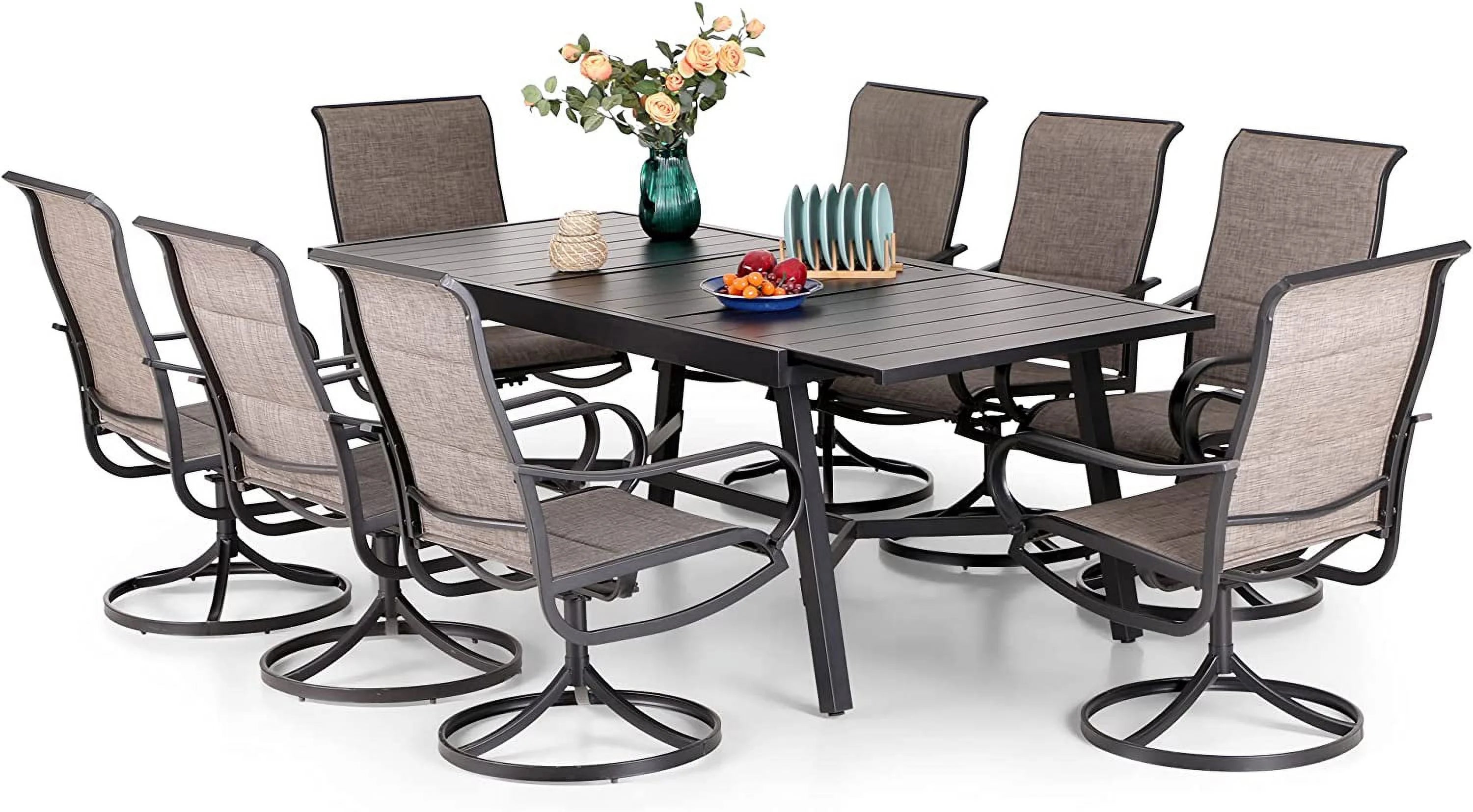 9 Piece Patio Dining Set with Padded Textilene Swivel Chairs and Expandable Table M775973