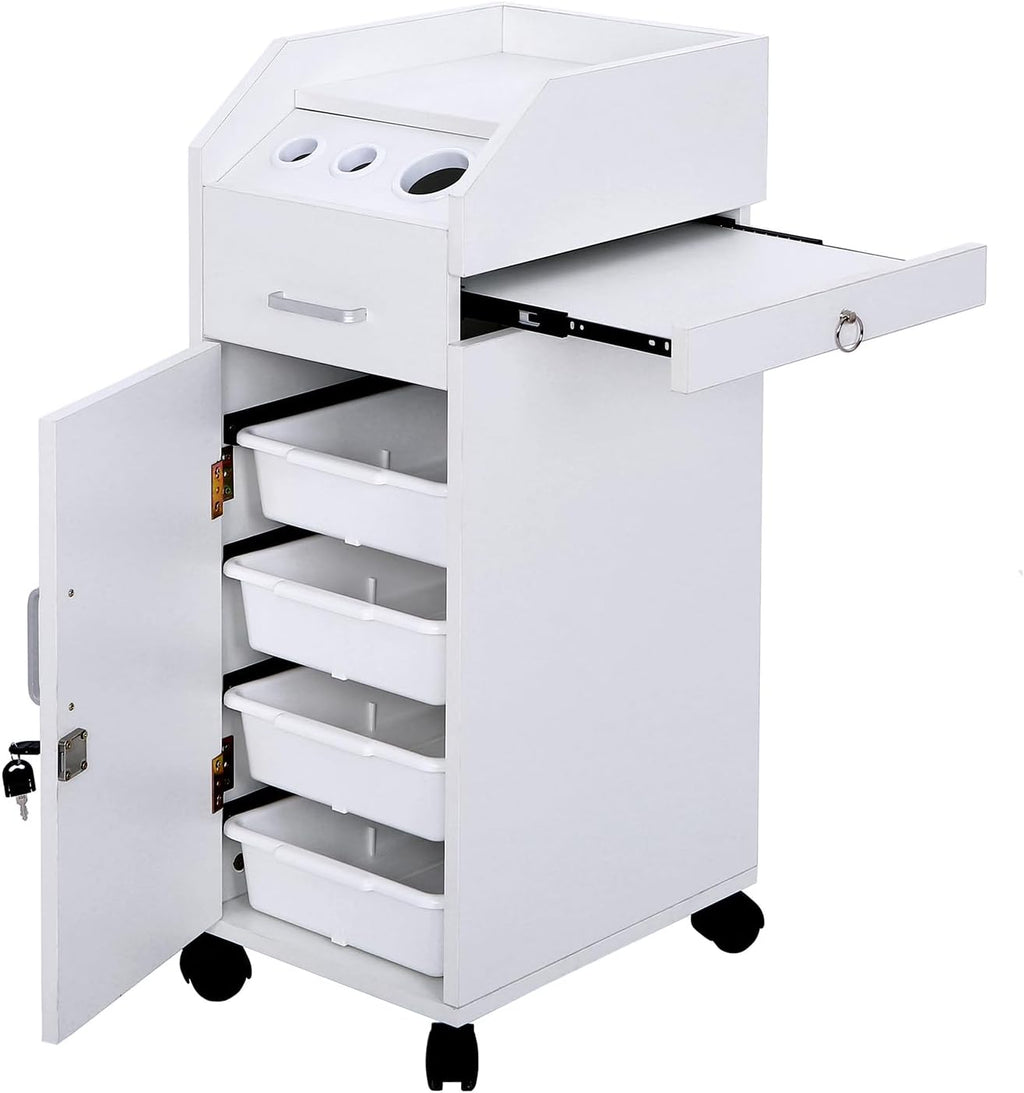 Rolling Hair Salon Storage Cart with Wheels & 3 Hair Dryer Holders & Drawers & Lock L10125