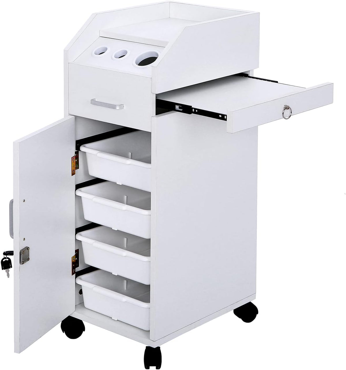 Rolling Hair Salon Storage Cart with Wheels & 3 Hair Dryer Holders & Drawers & Lock L10125