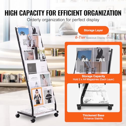 6-Tier Floor Standing Magazine Display Rack with 4 Wheels, 6 Pockets E7649