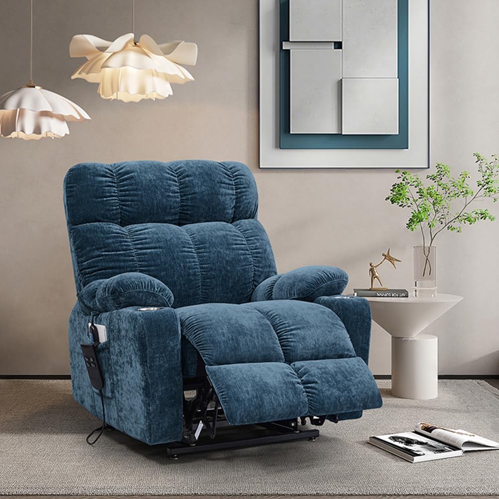 Blue Dual Motor Power Lift Recliner Chair with Remote Control Massage and Heat Cup Holder H384222
