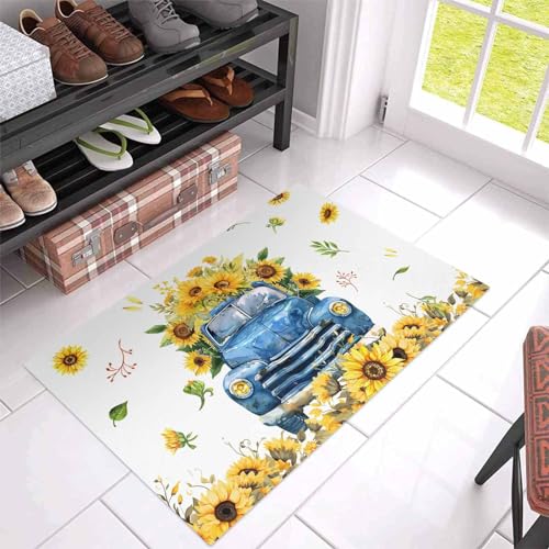 Yellow Sunflowers on Farm Truck Indoor Door Mats, Non-Slip Low Profile Entryway Rugs, Summer Floral on White, 18x30IN N96582