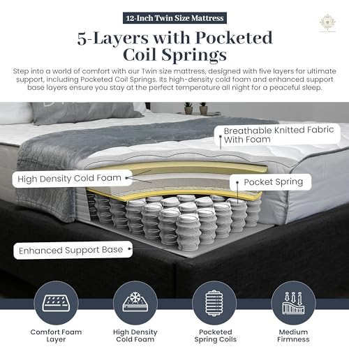 12 Inch Hybrid Twin Mattress with Pocketed Coil Spring and Cold Foam K692985