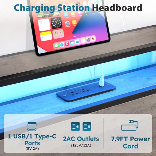 Black Full Size Bed Frame with Headboard, LED, 4 Storage Drawers, Charging Station Z969