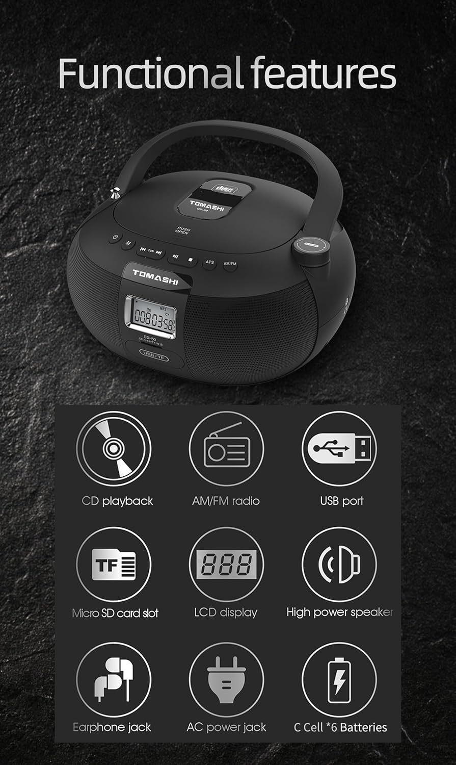 Black Portable CD Player Boombox J604