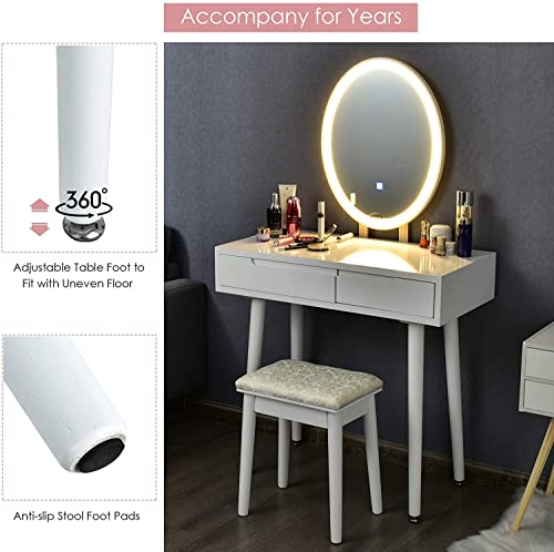White Wooden Vanity Table Set with 3-Color Lighted Dimming Mirror, Cushioned Stool & 2 Sliding Drawer T59690