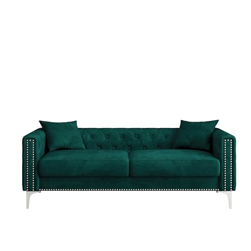 Blue Velvet 3 Seaters Sofa with Nailhead Decor and Metal Legs, 83" I30580