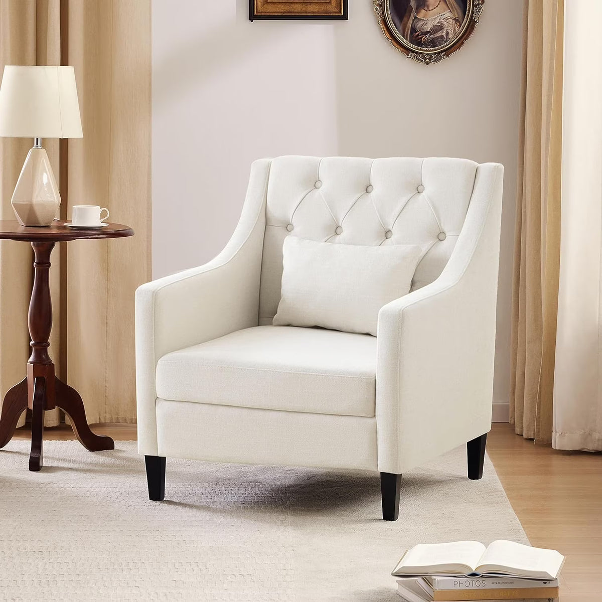 Beige Fabric Accent Chair with Wood Frame H6388