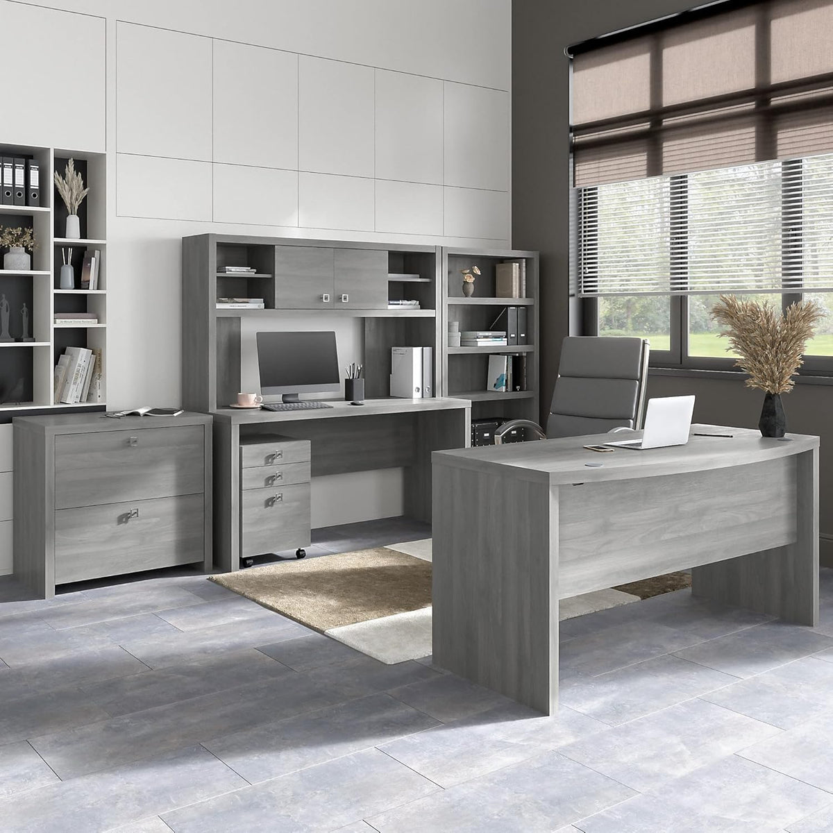 Modern Gray Bow Front Desk with Credenza, Hutch, Bookcase and File Cabinets H166954
