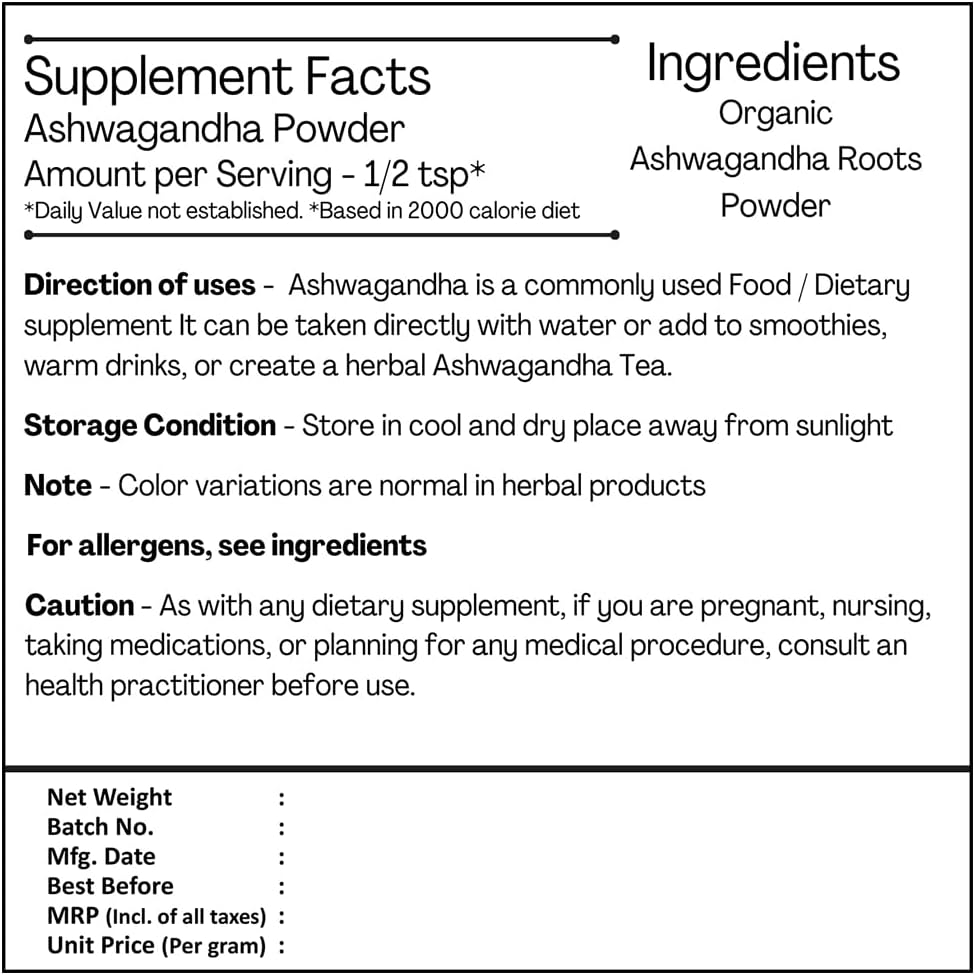 USDA Certified Organic Ashwagandha Powder 227g (0.5 LB) 8 oz G353