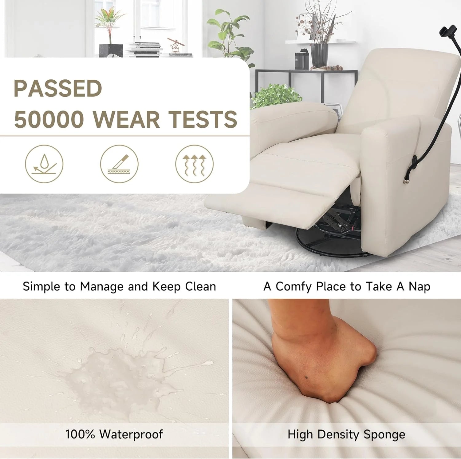Creamy White Swivel Rocking Power Recliner Chair with USB Port W8282