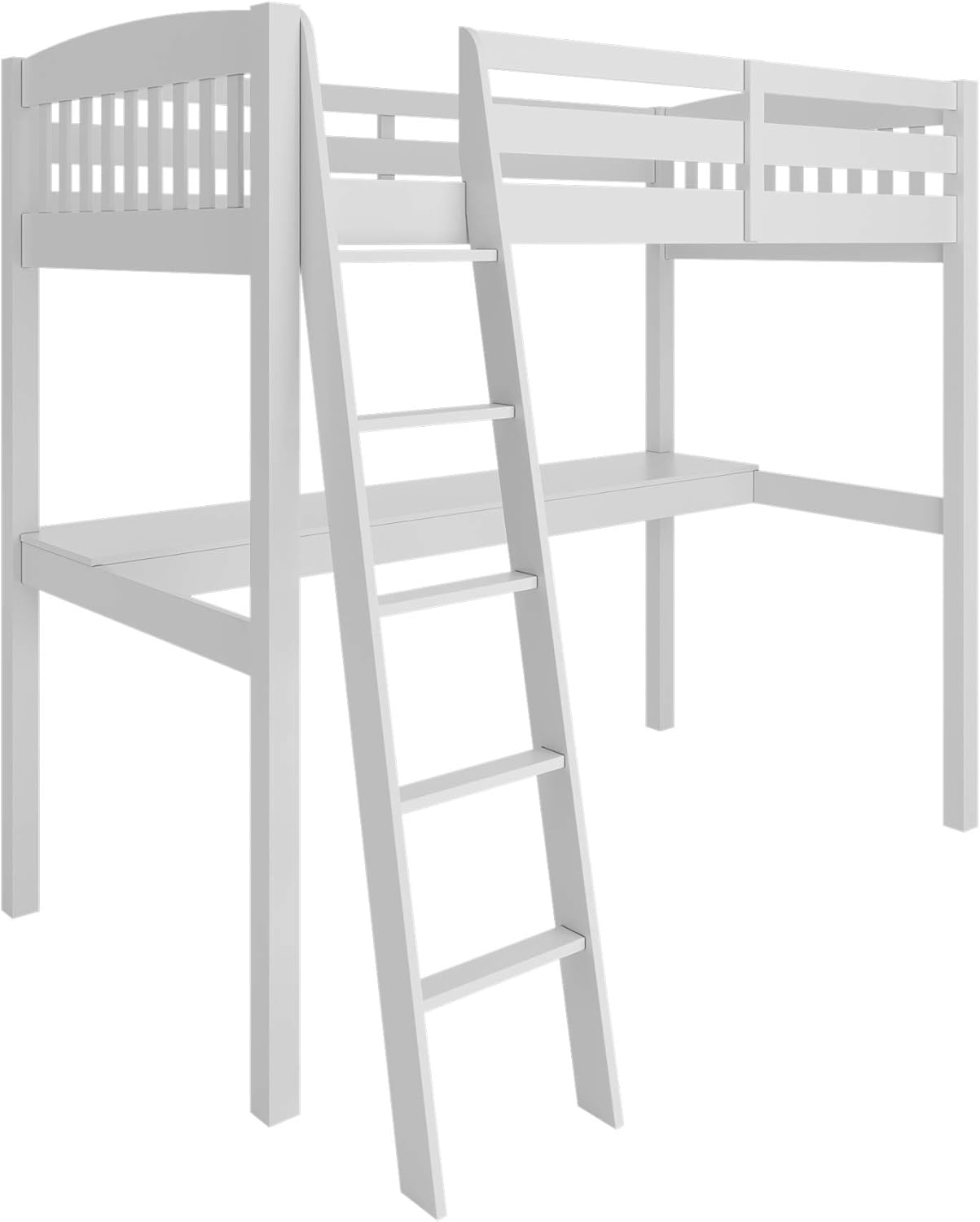 White High Loft Bed with Desk and Storage, Solid Wood Twin Size Loft Bed Frame with Stairs H677777