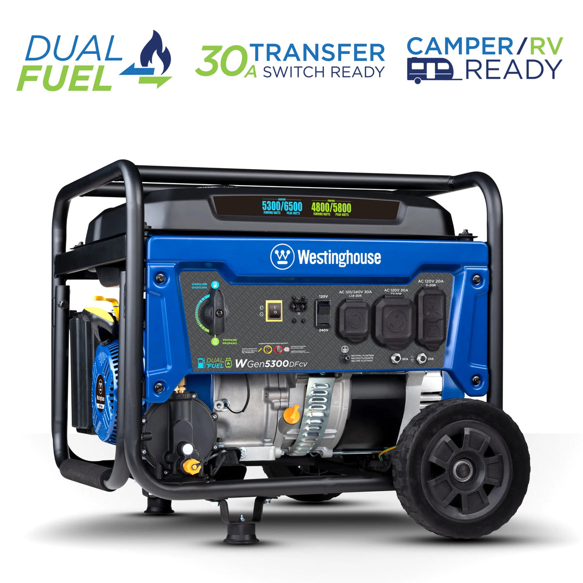 6500 Peak Watt Dual Fuel Portable Generator with CO Sensor and Wheel Kit F41062