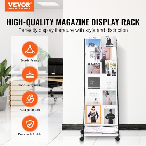 6-Tier Floor Standing Magazine Display Rack with 4 Wheels, 6 Pockets E7649