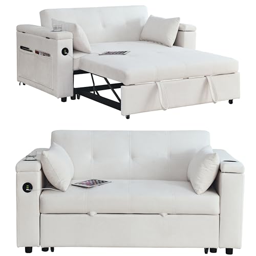 White Chenille 2-Seater Convertible Sofa Bed with USB Power Outlet V797715