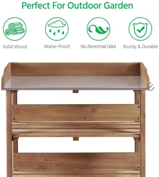 Brown Wooden Potting Bench with Metal Tabletop and Storage Shelf G62342
