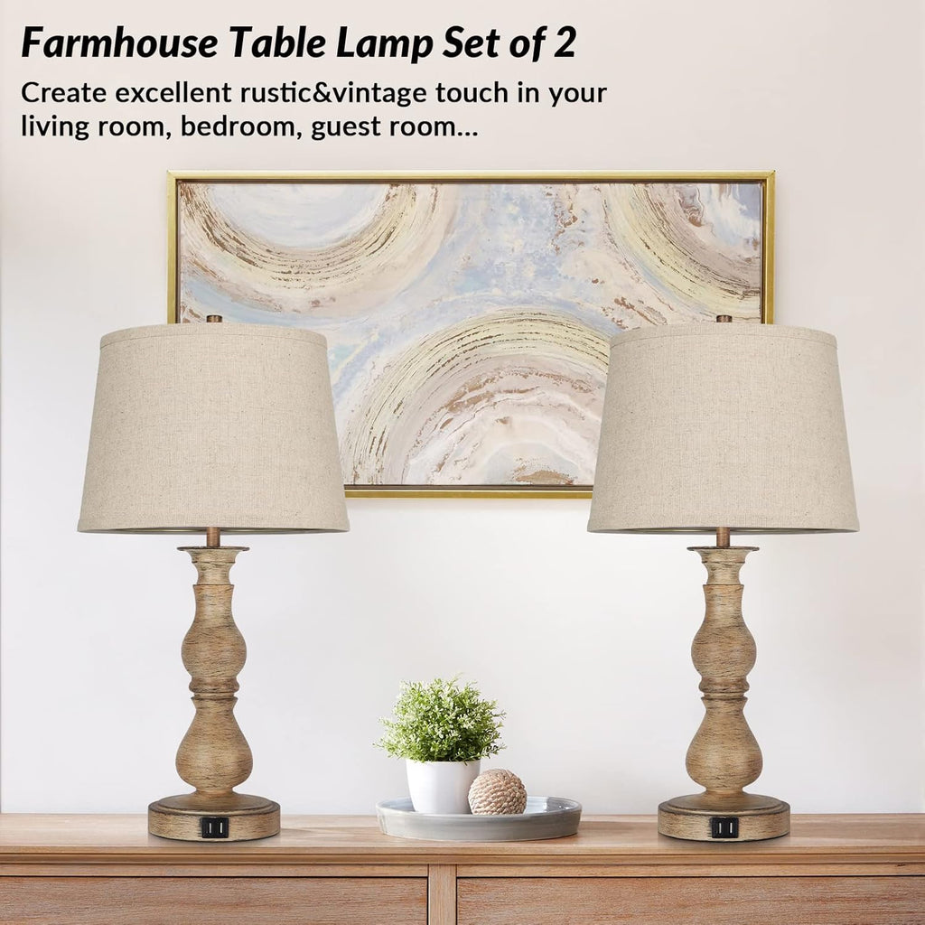 Set of 2 Touch Control Table Lamps with USB Ports, Cream Shades E164