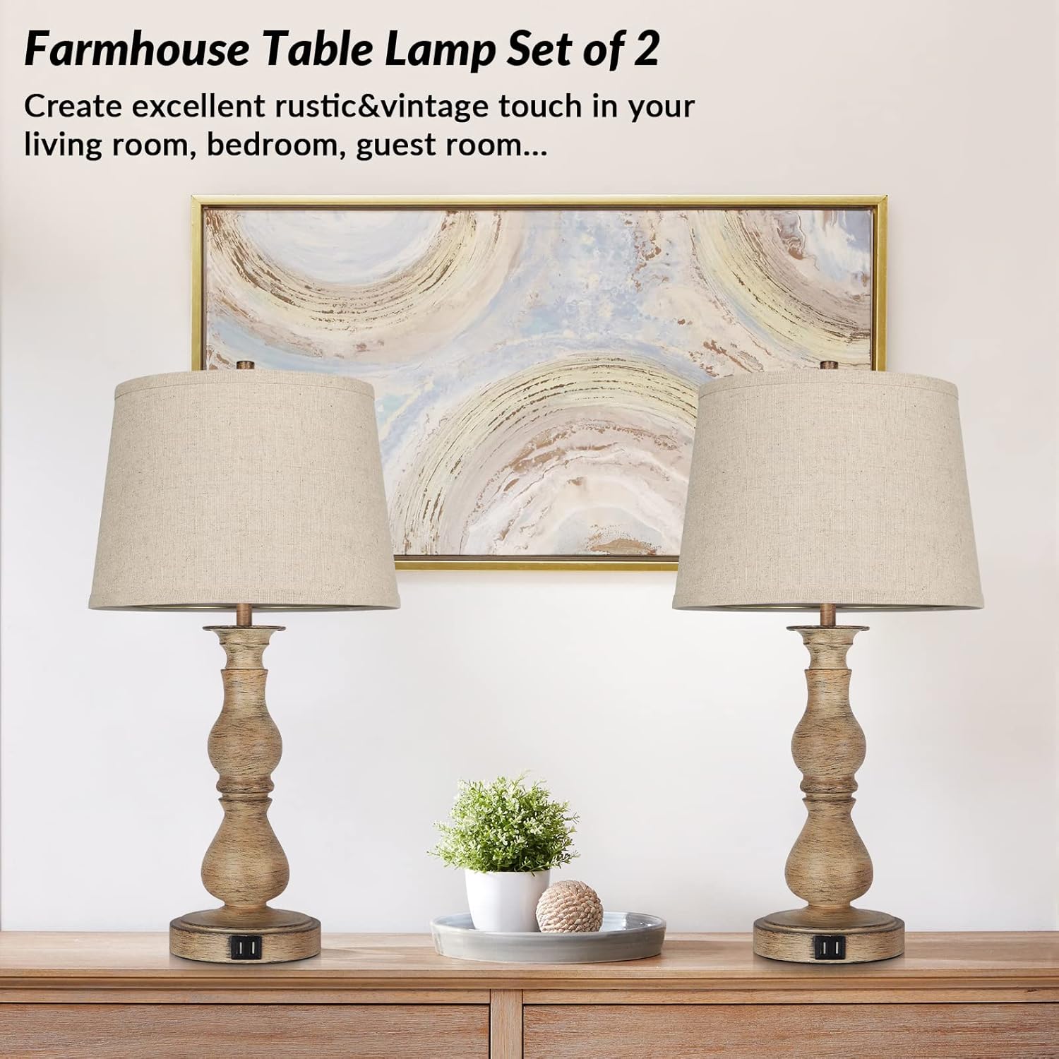 Set of 2 Touch Control Table Lamps with USB Ports, Cream Shades E164