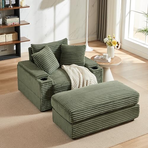 Oversized Corduroy Convertible Sleeper Sofa with Ottoman, Grey V961