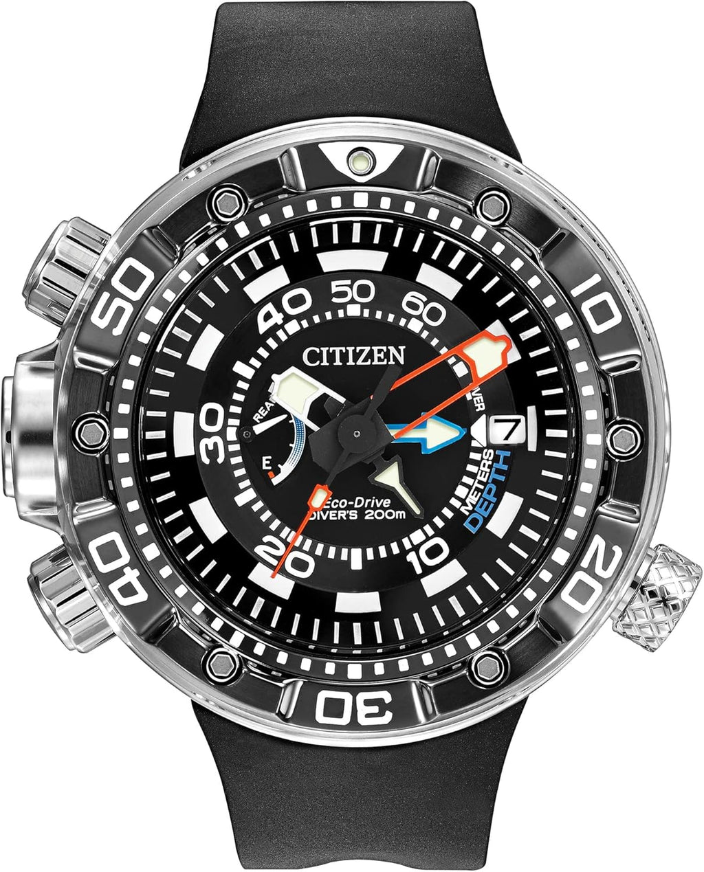 Men's Eco-Drive Promaster Sea Aqualand Depth Meter Watch in Stainless Steel with Black Polyurethane strap, Black Dial C4085