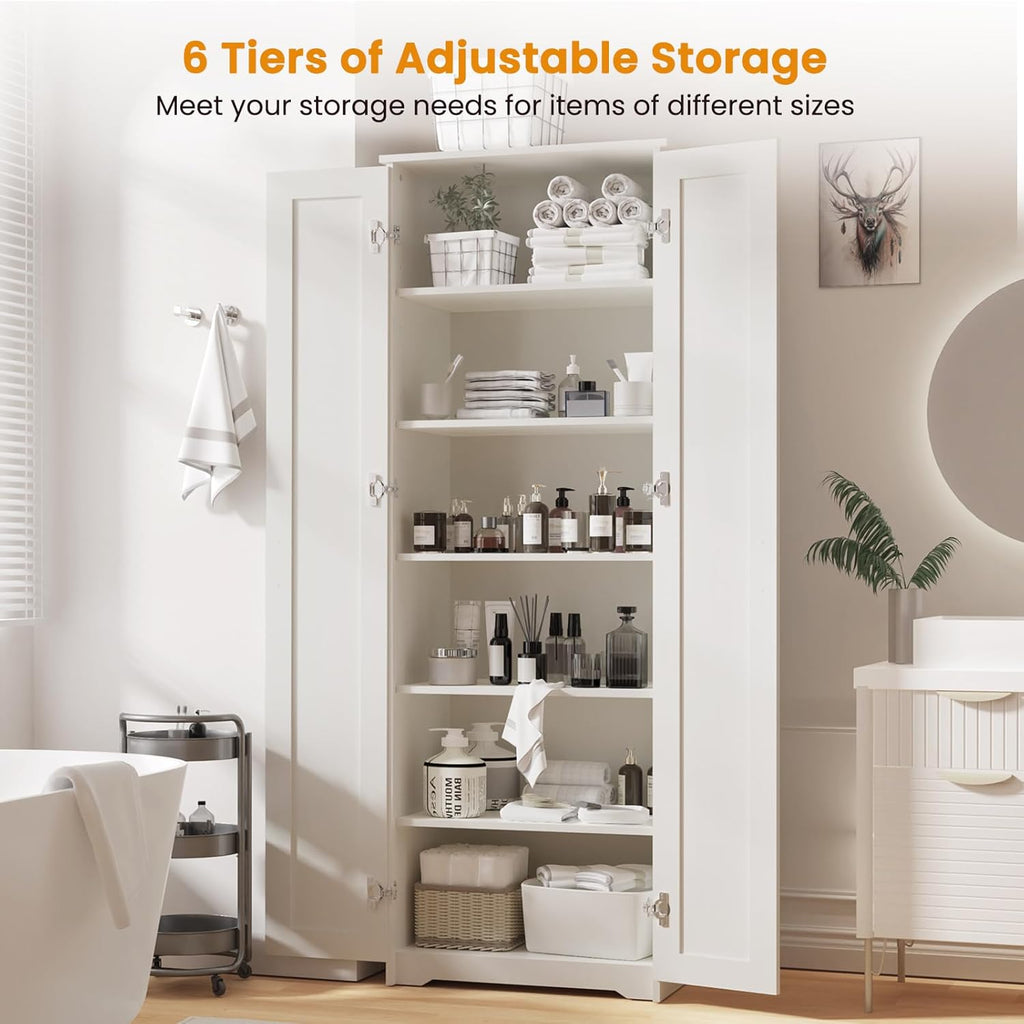 White 70" Tall Storage Cabinet with 2 Doors and 6 Adjustable Shelves W61862