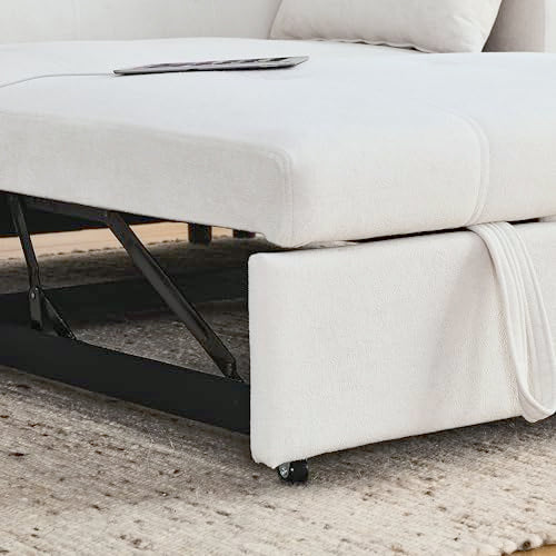 White Chenille 2-Seater Convertible Sofa Bed with USB Power Outlet V797715