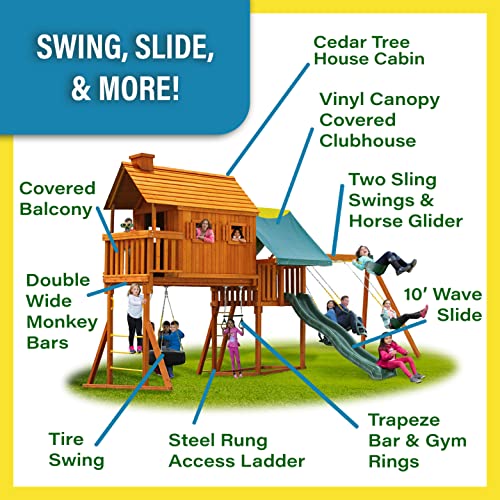 Solid Cedar Wood Swing Set with Built-in Tree House, Wave Slide, Spiral Slide L7577