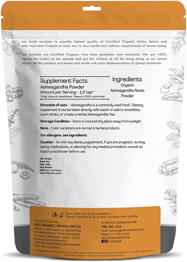USDA Certified Organic Ashwagandha Powder 227g (0.5 LB) 8 oz G353