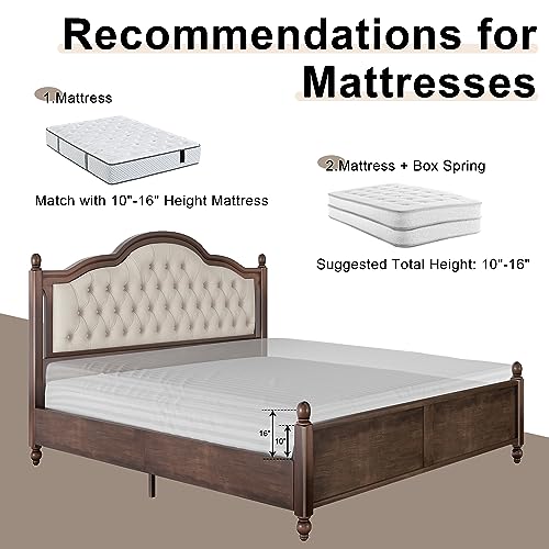 Walnut Queen Size Solid Bed Frame with Upholstered Tufted Headboard K136023