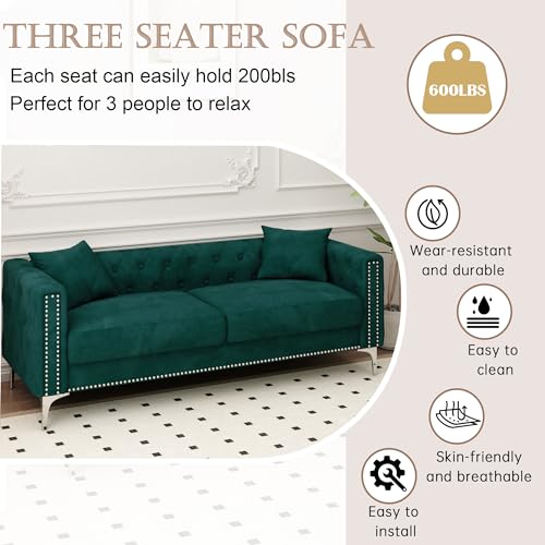 Blue Velvet 3 Seaters Sofa with Nailhead Decor and Metal Legs, 83" I30580