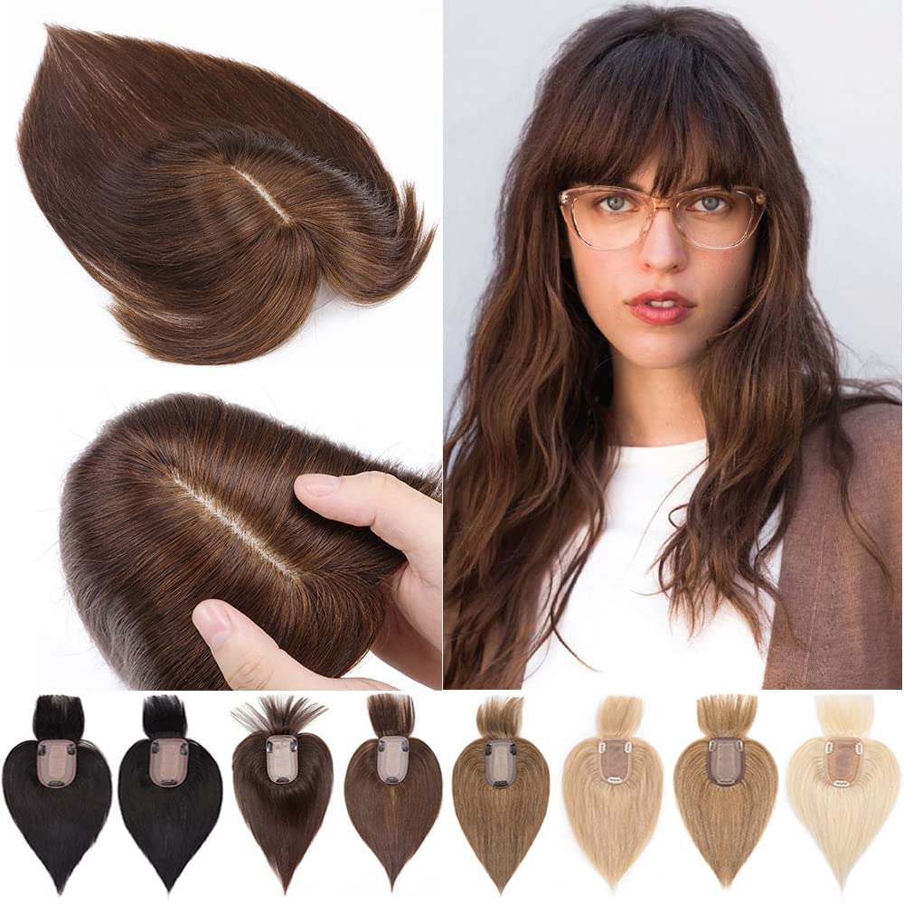100% Real Human Hair Toppers with Bangs Silk Base 150% Density Clip in Topper 2.7”x5.1” Hair Pieces F1996