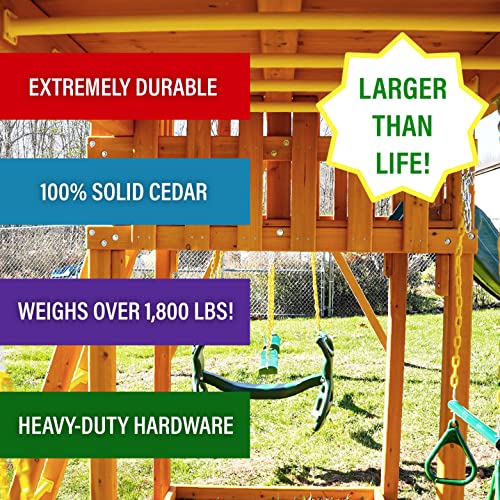 Solid Cedar Wood Swing Set with Built-in Tree House, Wave Slide, Spiral Slide L7577