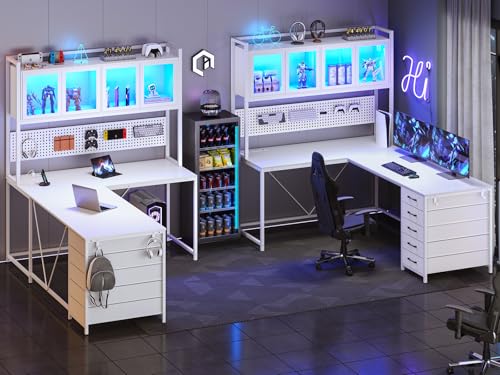 White L Shaped Gaming Desk with Drawers and Hutch S7705
