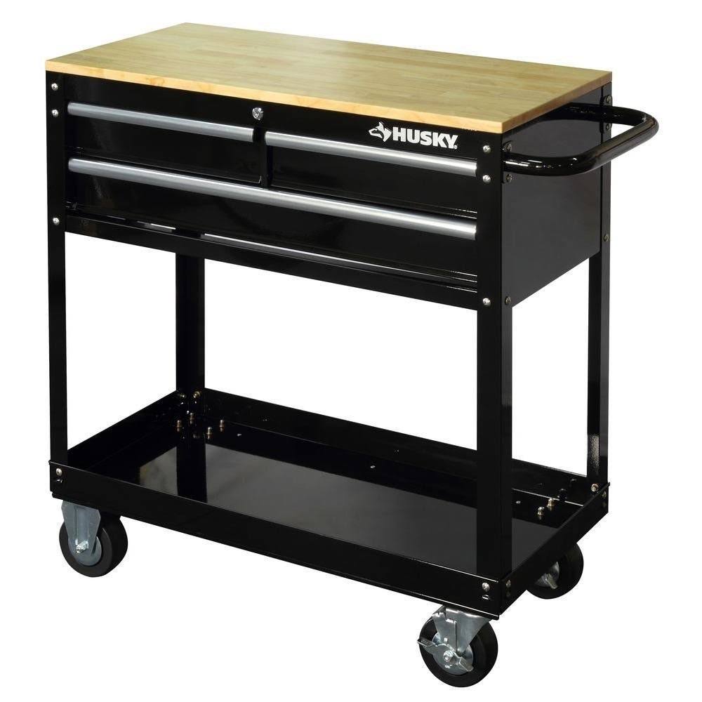 36 in. 3-Drawer Rolling Tool Cabinet Cart with Wood Top Black R2264