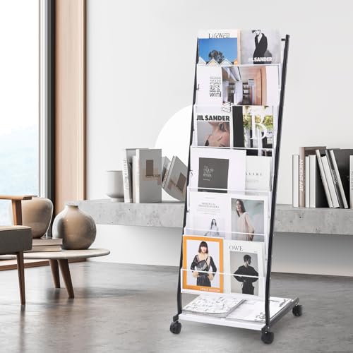 6-Tier Floor Standing Magazine Display Rack with 4 Wheels, 6 Pockets E7649