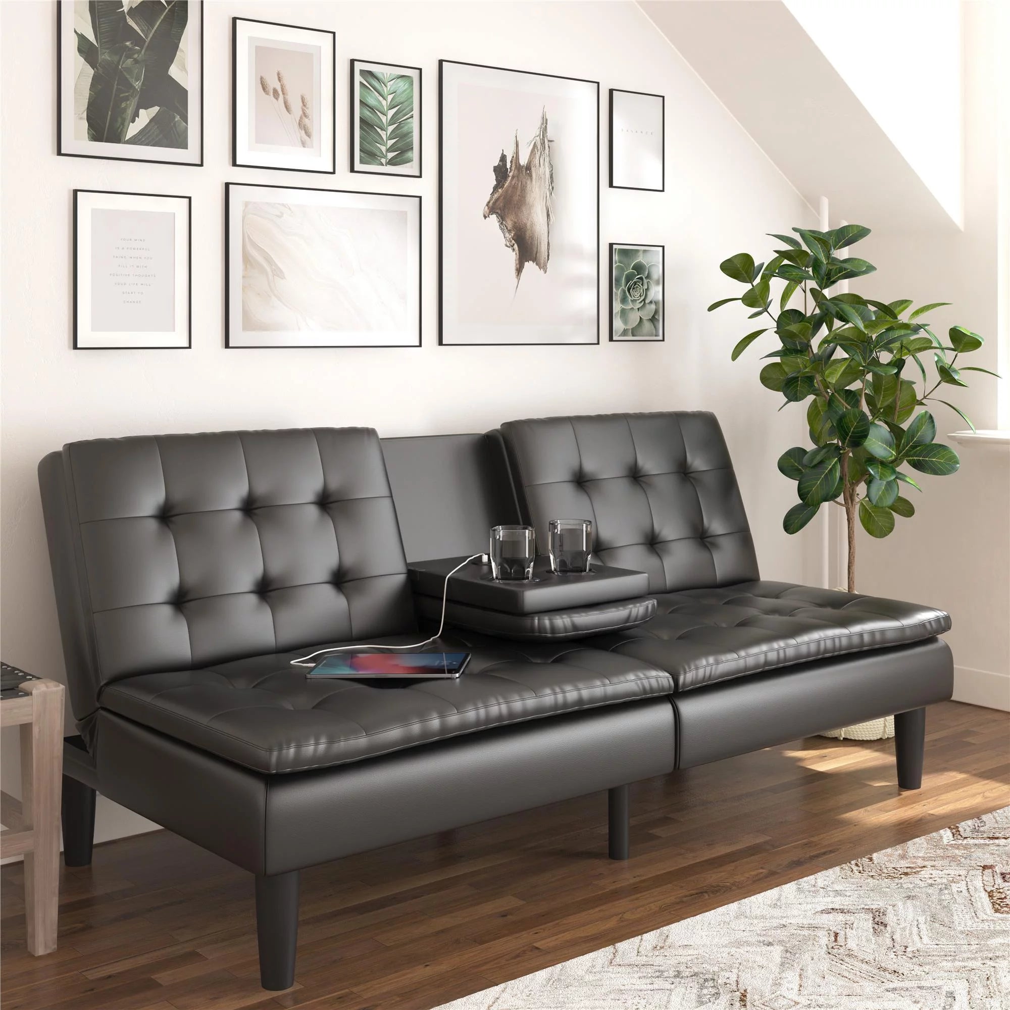 Black Faux Leather Memory Foam Futon with Cupholder and USB O2438