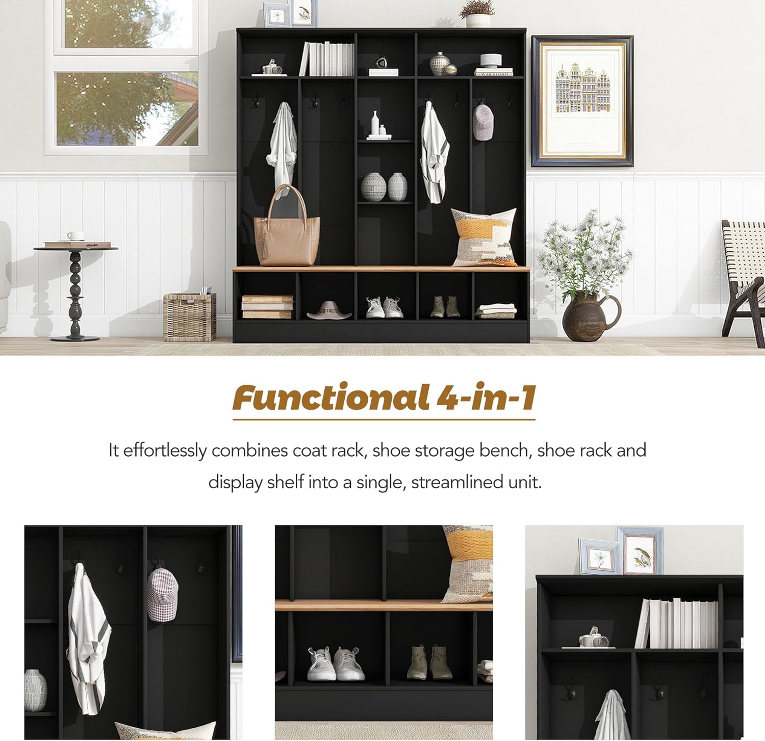 Black Hall Tree with Storage Bench and 8 Hooks I537305