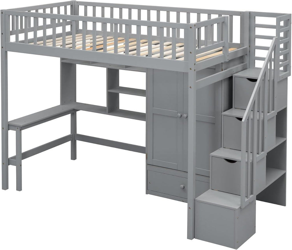 Grey Twin Size Loft Bed with Bookshelf Drawers Desk and Wardrobe MDF Pine Wood W262261