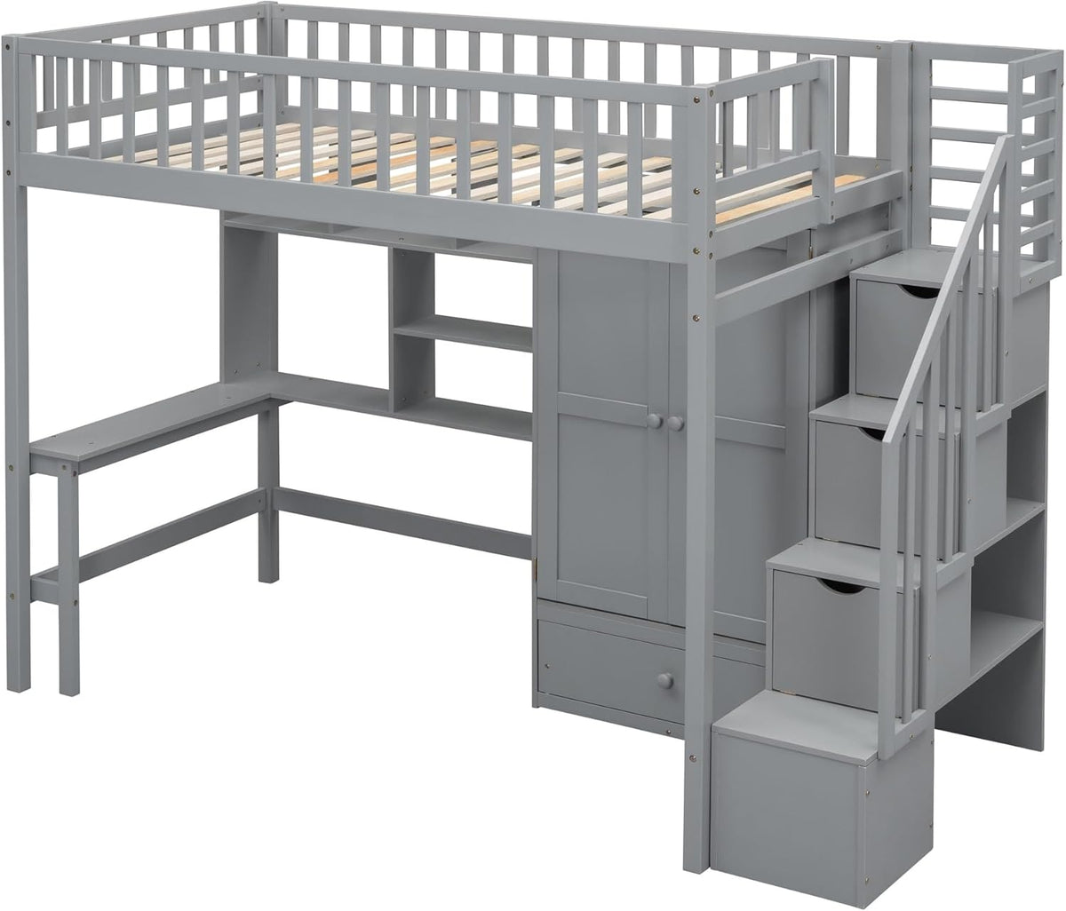 Grey Twin Size Loft Bed with Bookshelf Drawers Desk and Wardrobe MDF Pine Wood W262261