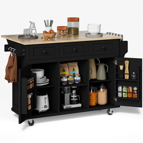 Large Kitchen Island On Wheels with Storage 54in Width Wood Island with Drawers Cabinet Spice Rack Towel Rack I50980