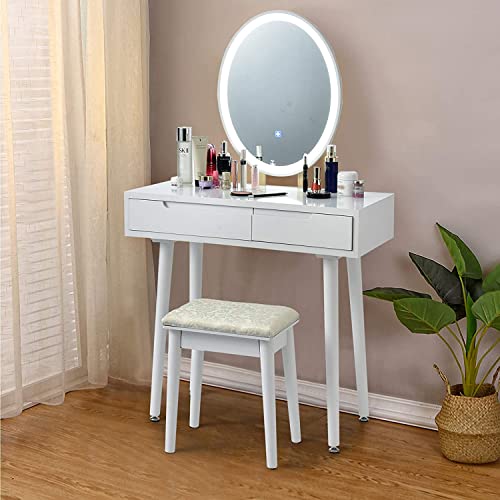 White Wooden Vanity Table Set with 3-Color Lighted Dimming Mirror, Cushioned Stool & 2 Sliding Drawer T59690