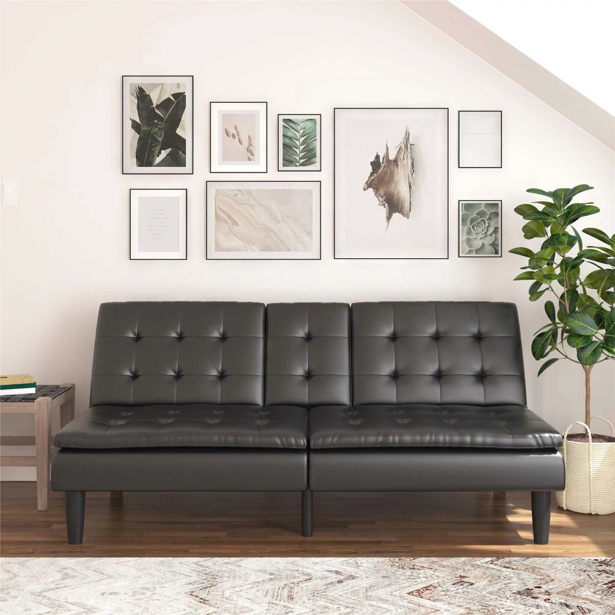 Black Faux Leather Memory Foam Futon with Cupholder and USB O2438
