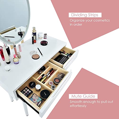 White Wooden Vanity Table Set with 3-Color Lighted Dimming Mirror, Cushioned Stool & 2 Sliding Drawer T59690