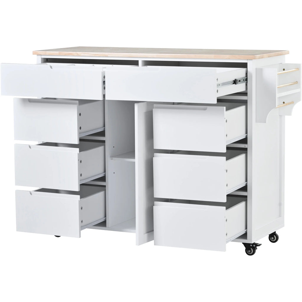 Rolling Kitchen Island with Storage, Rubber Wood Mobile Kitchen Cart with Lockable Wheels, Drawers, Shelves T324419
