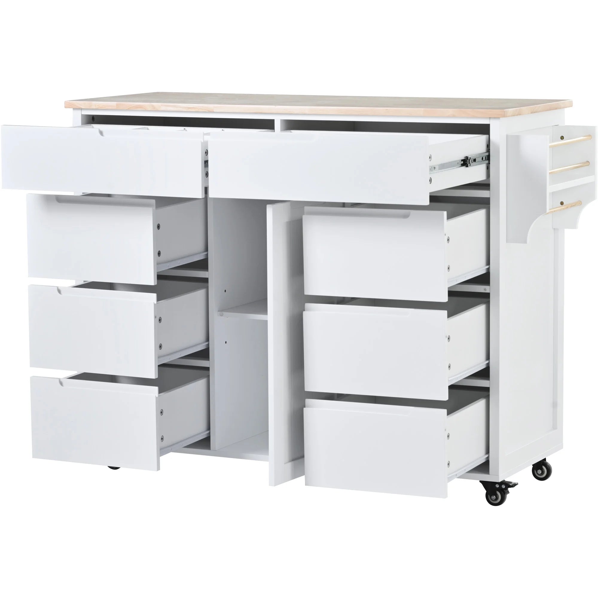 Rolling Kitchen Island with Storage, Rubber Wood Mobile Kitchen Cart with Lockable Wheels, Drawers, Shelves T324419