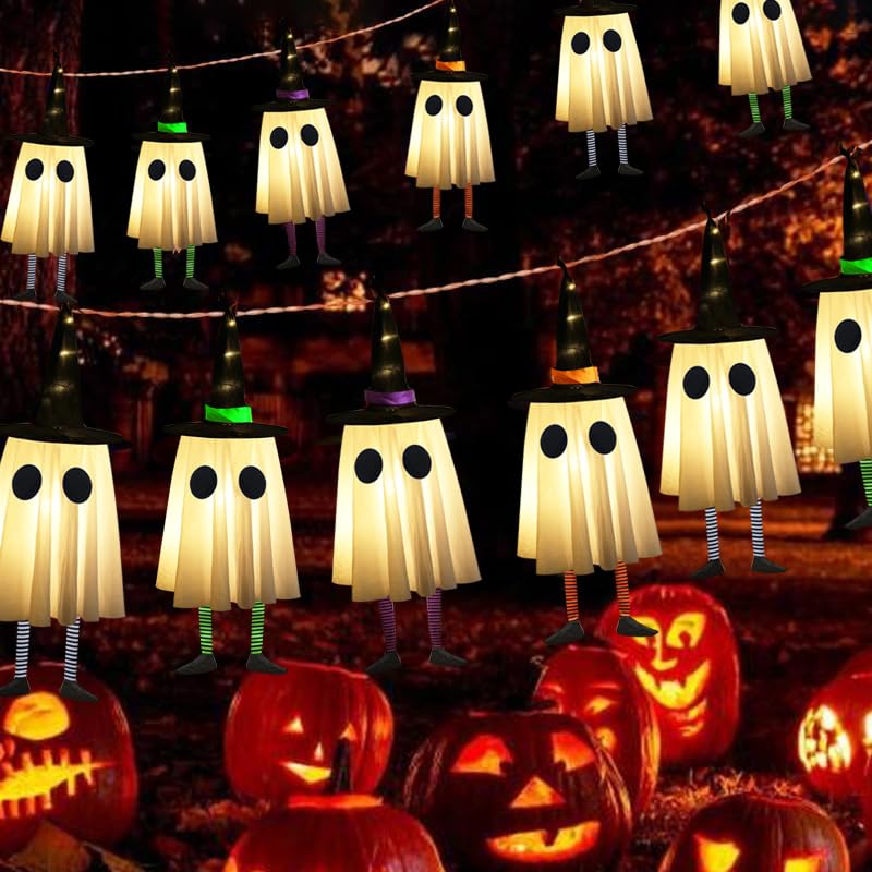 Set of 4 Halloween Hanging Ghosts with Witch Hat J679