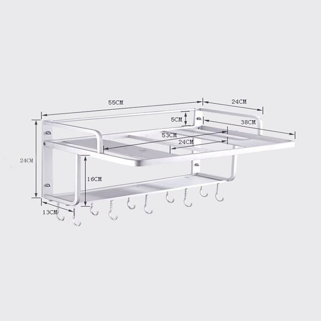 Aluminum Microwave Oven Wall Mount Double Deck Shelf With Hooks G223
