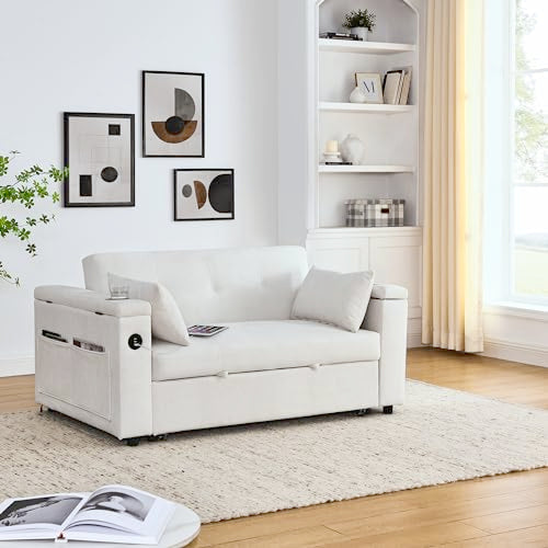 White Chenille 2-Seater Convertible Sofa Bed with USB Power Outlet V797715