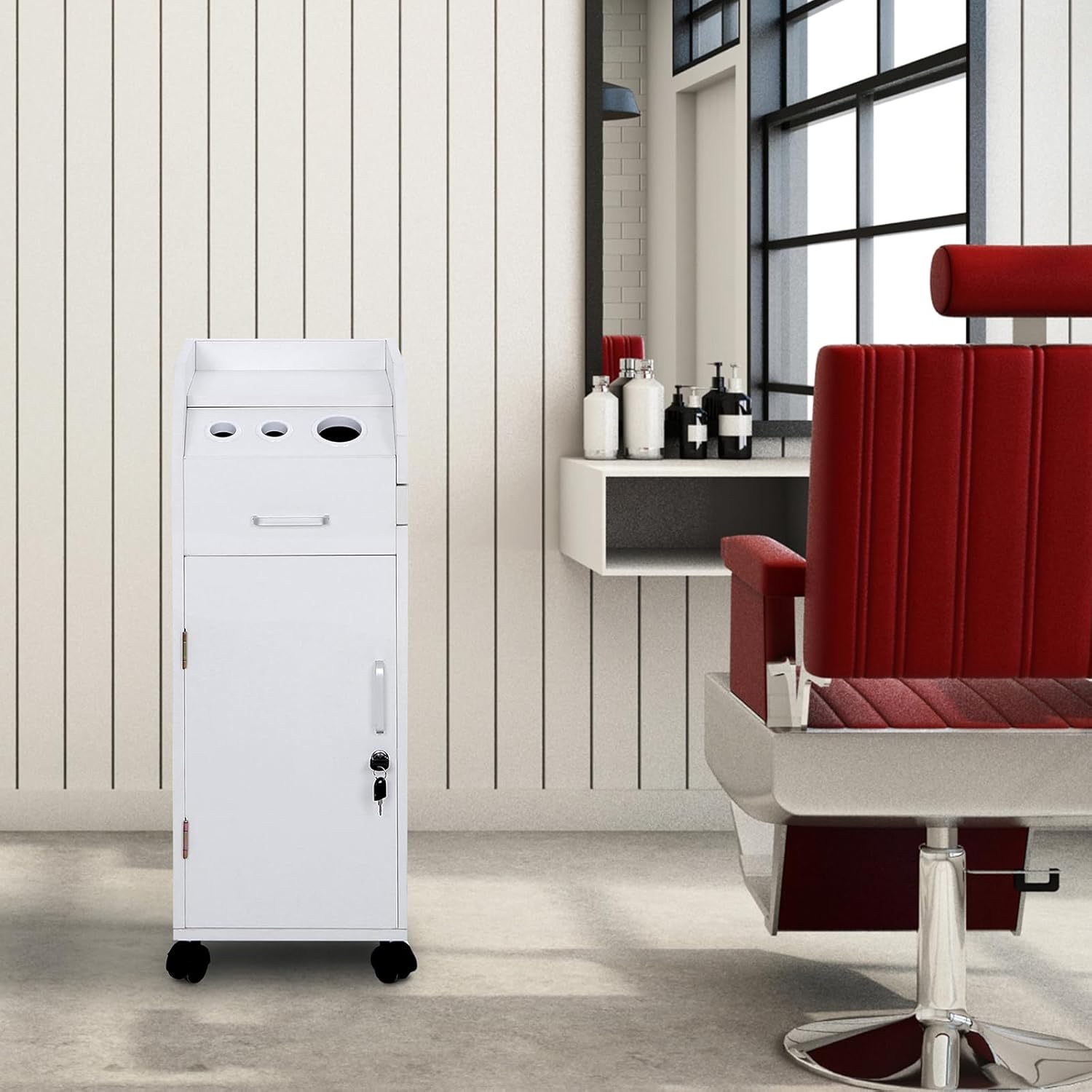 Rolling Hair Salon Storage Cart with Wheels & 3 Hair Dryer Holders & Drawers & Lock L10125